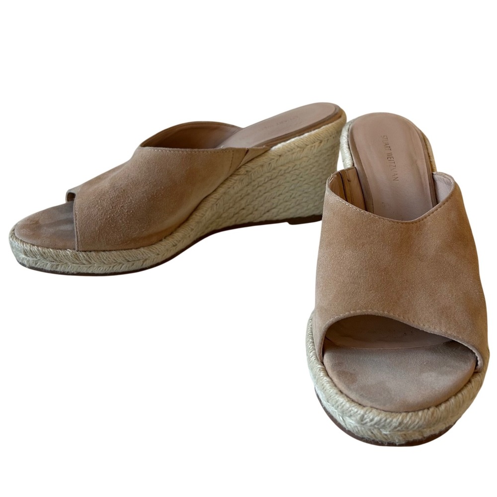 Stuart Weitzman Wedge Sandals 8.5 Tan Suede Espadrille Slide Mules Beach Resort‎